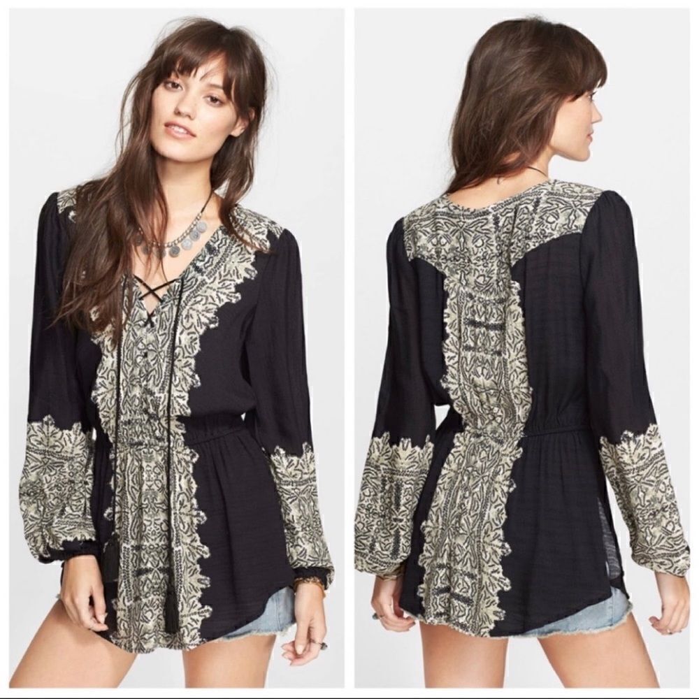 Free People Women's Wildest Moment Black Tunic Top Long Sleeve